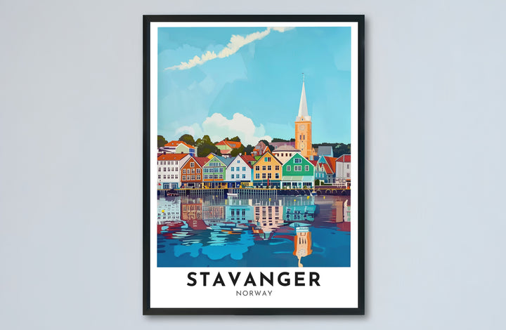 Classic coastal travel print depicting the historic Vågen port in Stavanger Norway with colorful timber facades and still harbor waters. Designed for contemporary interiors, this piece is offered as an unframed paper poster, solid wood framed print, or gallery wrapped canvas wall decor.