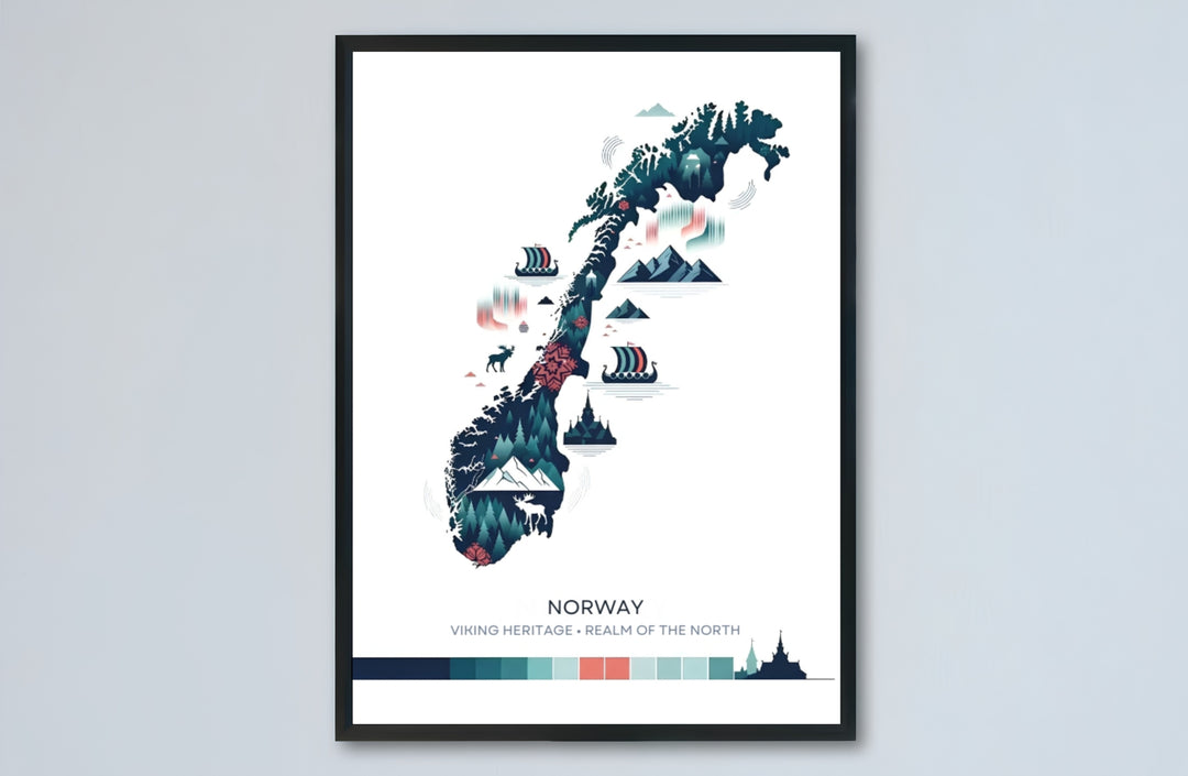 Minimalist illustrated map print depicting Norway filled with spruce forests, mountain peaks, stave churches, and Viking ship graphics. Designed for contemporary interiors, this piece is offered as an unframed paper poster, solid wood framed print, or gallery wrapped canvas wall decor.