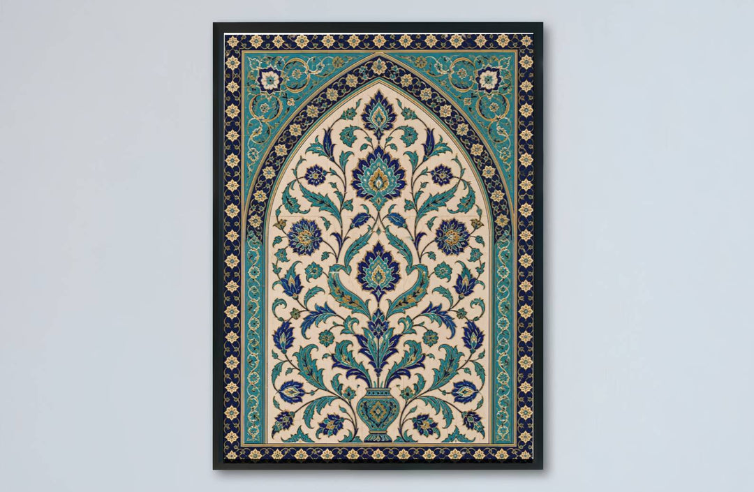 Turkish Mediterranean travel art print of Iznik ceramic arch showcasing a floral tree of life vase and turquoise spandrel panels. Made by MapYourDreams, this artwork is available in flexible options including unframed paper, custom wooden frames, and gallery canvas wraps for living space wall art.