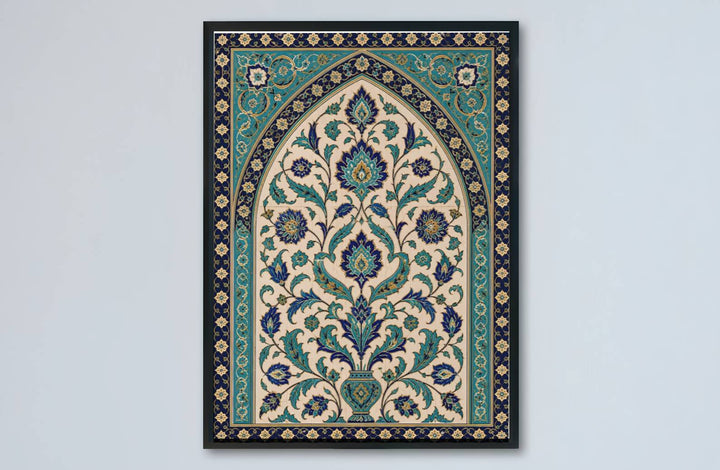Turkish Mediterranean travel art print of Iznik ceramic arch showcasing a floral tree of life vase and turquoise spandrel panels. Made by MapYourDreams, this artwork is available in flexible options including unframed paper, custom wooden frames, and gallery canvas wraps for living space wall art.