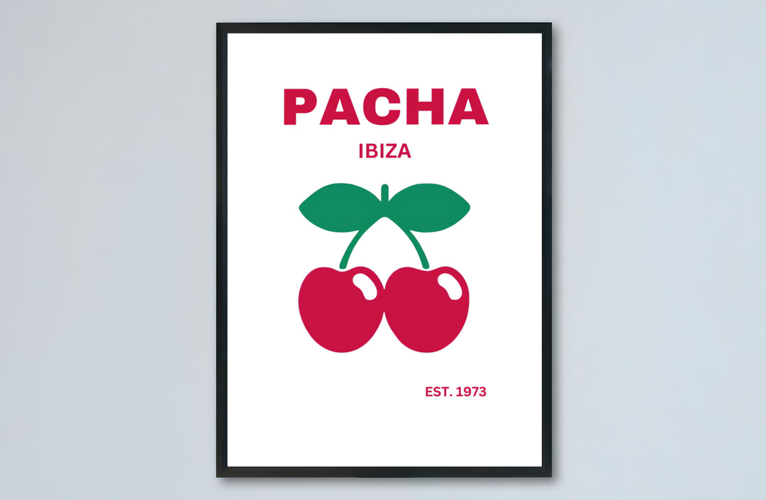Electronic dance music enthusiast gift poster featuring iconic venue emblem for Pacha in Ibiza, Spain, offered by MapYourDreams with catalog choices for an unframed matte paper poster, a durable gallery wrapped canvas, or custom framed wall art for studios.