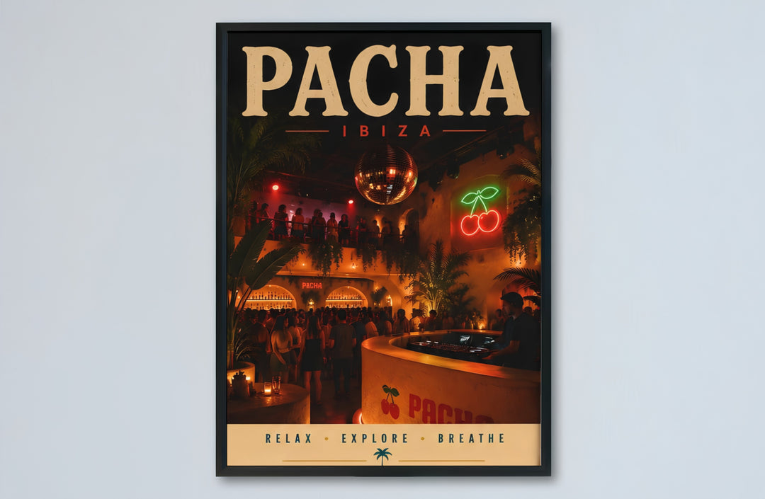 Electronic dance music memory wall art print capturing the authentic venue ambiance at Pacha in Ibiza, Spain, offered by MapYourDreams with catalog choices for an unframed matte paper poster, a durable gallery wrapped canvas, or custom framed wall art for studios.