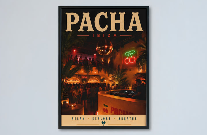 Electronic dance music memory wall art print capturing the authentic venue ambiance at Pacha in Ibiza, Spain, offered by MapYourDreams with catalog choices for an unframed matte paper poster, a durable gallery wrapped canvas, or custom framed wall art for studios.