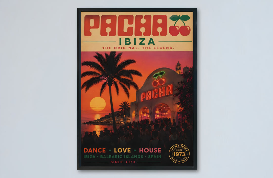 Tropical sunset nightclub wall decor print featuring Pacha Ibiza venue in Spain with warm orange and deep pink sky tones, provided by MapYourDreams as an unframed print, gallery cotton canvas, or custom framed decor for modern apartment walls.