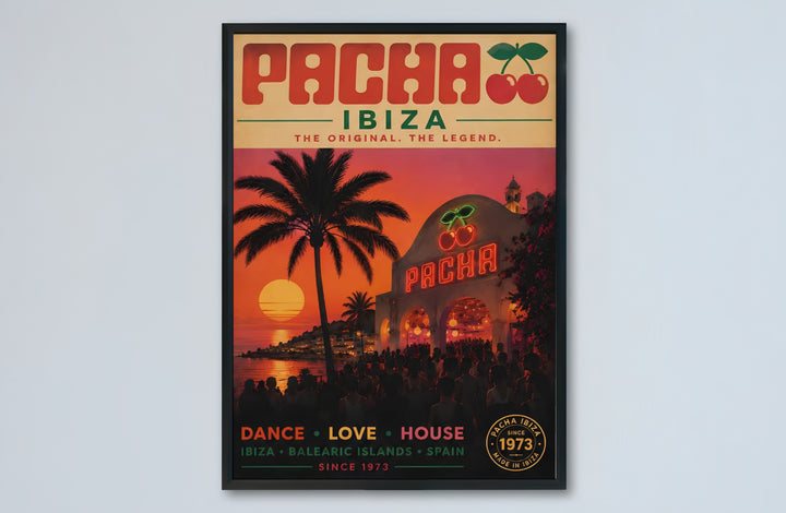 Tropical sunset nightclub wall decor print featuring Pacha Ibiza venue in Spain with warm orange and deep pink sky tones, provided by MapYourDreams as an unframed print, gallery cotton canvas, or custom framed decor for modern apartment walls.