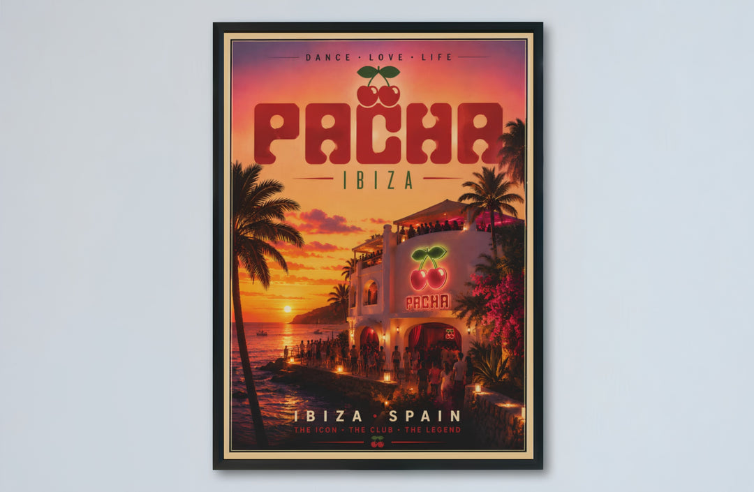 Tropical ocean sunset nightclub print featuring Pacha Ibiza in Spain with warm golden lighting and coastal scenery, provided by MapYourDreams as an unframed print, gallery canvas wall decor, or custom framed wall art setup for contemporary apartment interiors.