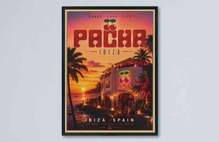 Tropical ocean sunset nightclub print featuring Pacha Ibiza in Spain with warm golden lighting and coastal scenery, provided by MapYourDreams as an unframed print, gallery canvas wall decor, or custom framed wall art setup for contemporary apartment interiors.
