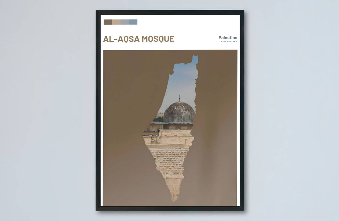Symbolic art print of Palestine map silhouette revealing Al Aqsa lead dome and ancient limestone walls in Al Quds. Made by MapYourDreams, this artwork is available in flexible options including unframed paper, custom wooden frames, and gallery canvas wraps for living space wall art.