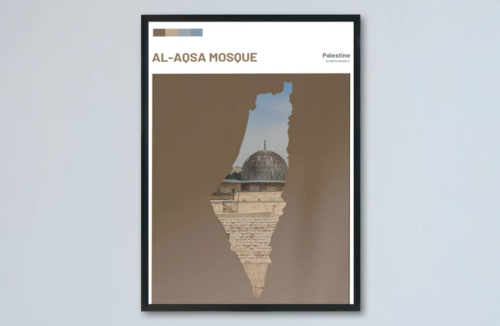 Symbolic art print of Palestine map silhouette revealing Al Aqsa lead dome and ancient limestone walls in Al Quds. Made by MapYourDreams, this artwork is available in flexible options including unframed paper, custom wooden frames, and gallery canvas wraps for living space wall art.