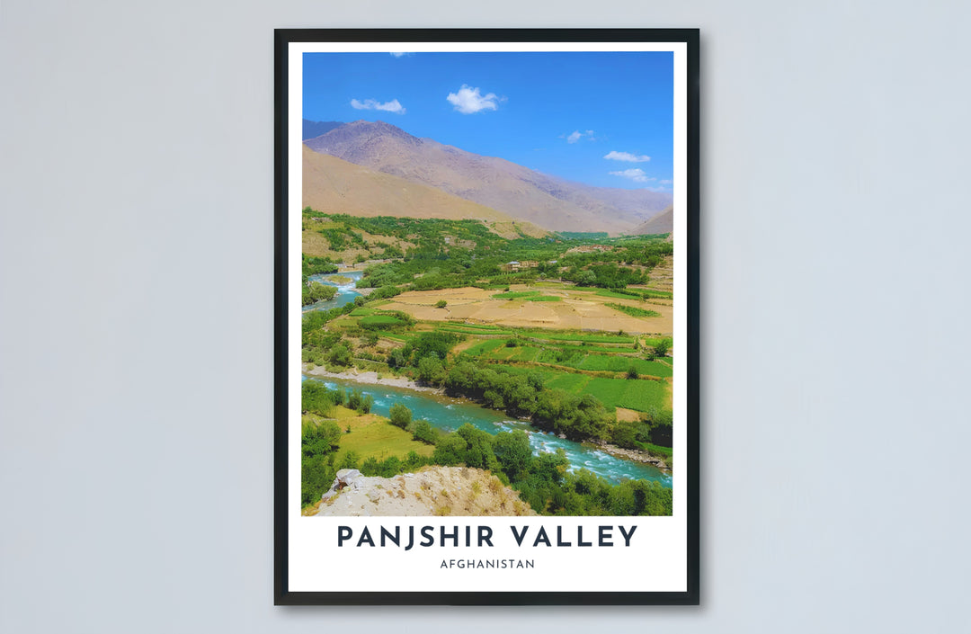 Scenic landscape poster displaying the natural beauty and mountain horizons of Panjshir Valley, Afghanistan, printed on premium archival paper. Provided by MapYourDreams as an unframed paper print, a gallery canvas wall decor piece, or a custom framed wall art item in retro black and grey frames.