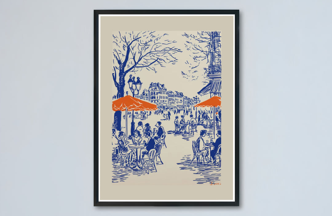 Contemporary line drawing canvas print featuring a French sidewalk coffee terrace in Paris France. Buy high-definition framed, unframed, and canvas poster prints directly from MapYourDreams.