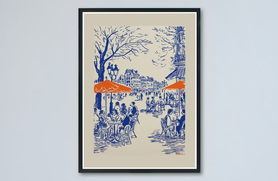 Contemporary line drawing canvas print featuring a French sidewalk coffee terrace in Paris France. Buy high-definition framed, unframed, and canvas poster prints directly from MapYourDreams.