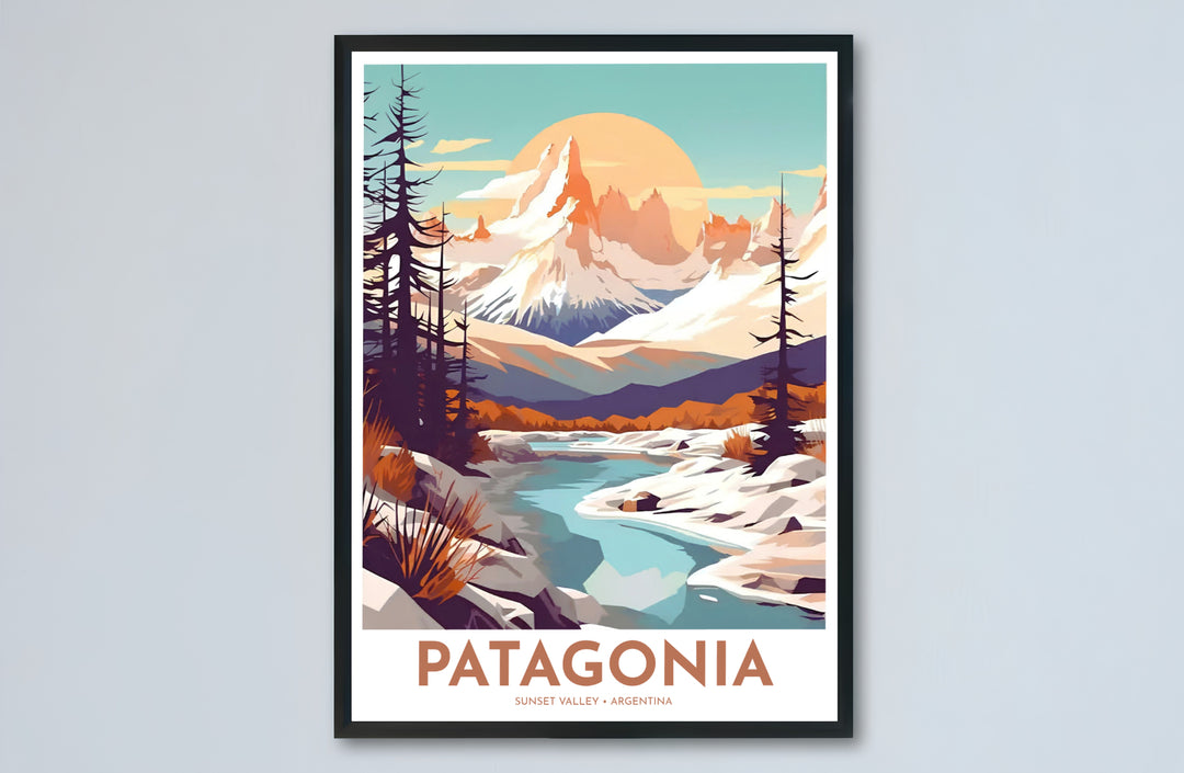 Featuring pine trees, snow-capped mountains, and a turquoise river bathed in evening light, this Patagonia Mountain wall decor creates an eye-catching statement piece, available from MapYourDreams in versatile options ranging from unframed paper to custom wooden frames and canvas wraps.