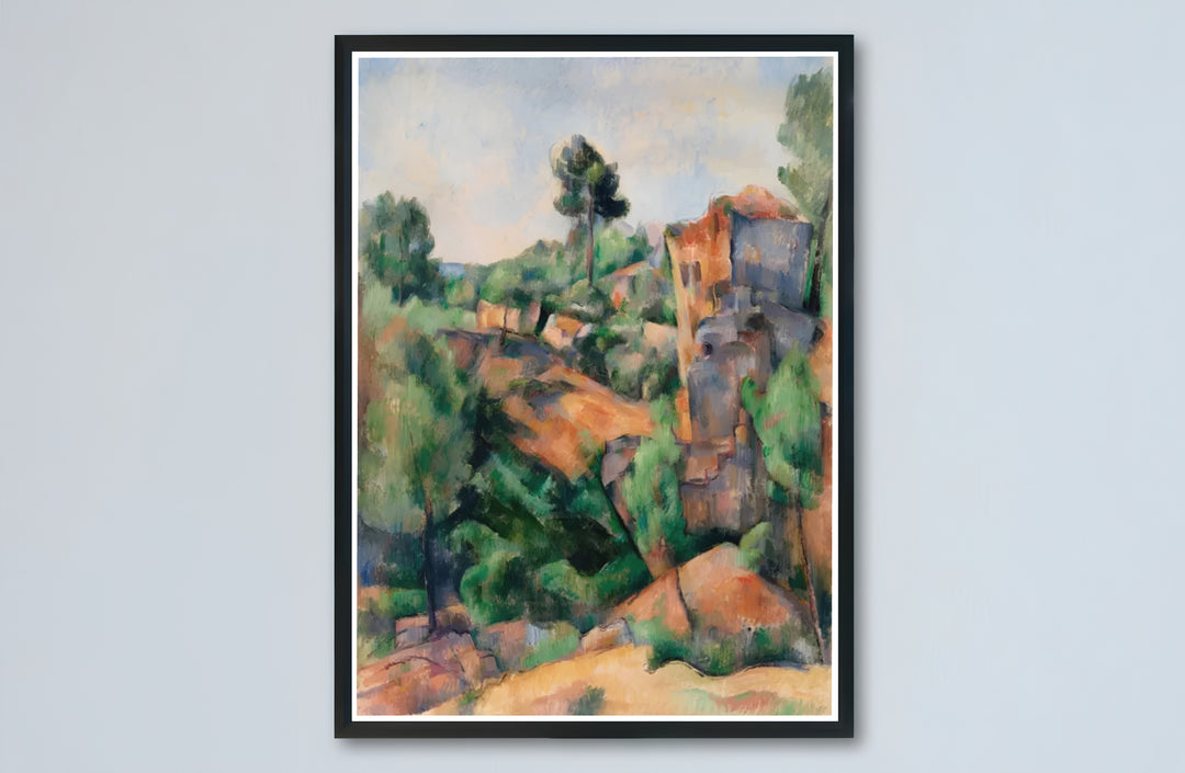 Historic French countryside fine art print of Paul Cezanne Bibemus Quarry 1895 set in a sunlit quarry in Aix-en-Provence France. Buy high-definition framed prints, unframed paper wall decor, and gallery canvas choices directly from MapYourDreams for artistic setups.