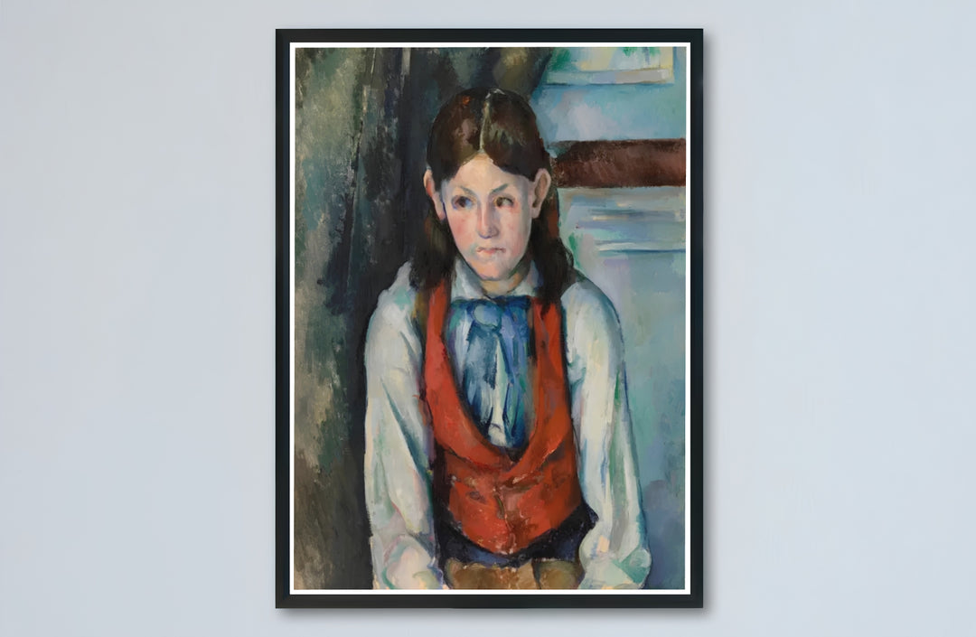 Historic French portrait fine art print of Paul Cezanne Boy In A Red Vest 1888 set in a studio setup in Paris France. Buy high-definition framed prints, unframed paper wall decor, and gallery canvas choices directly from MapYourDreams for artistic setups.