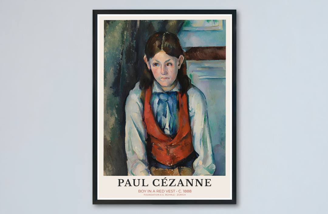 Historic French exhibition portrait fine art print of Paul Cezanne Boy In Red Vest 1888 set in a studio setup in Paris France. Buy high-definition framed prints, unframed paper wall decor, and gallery canvas choices directly from MapYourDreams for artistic setups.