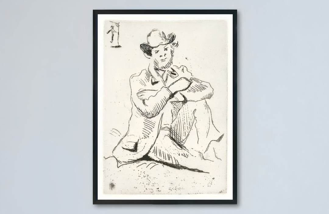 Classical line art print of Paul Cezanne Guillaumin With Hanged Man 1873 showing artist Armand Guillaumin seated in Auvers-sur-Oise France. Select premium framed wall art, unframed paper prints, and stretched canvas decor options at MapYourDreams for an eye-catching focal point in your hall.