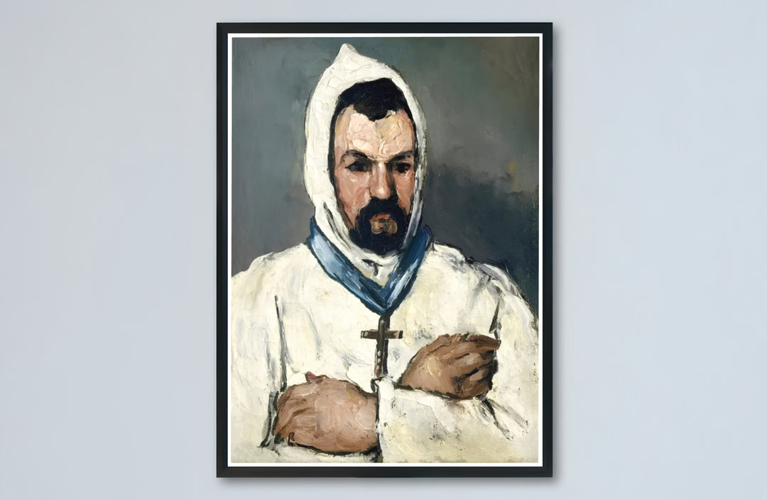 Historic Provençal fine art print of Paul Cezanne Uncle Dominique As A Monk 1866 with dramatic grey backdrops in Aix-en-Provence France. Buy high-definition framed prints, unframed paper wall decor, and gallery canvas choices directly from MapYourDreams for artistic setups.