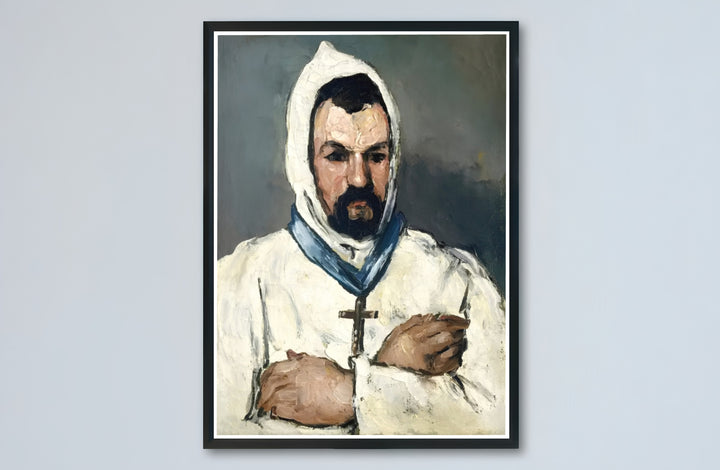 Historic Provençal fine art print of Paul Cezanne Uncle Dominique As A Monk 1866 with dramatic grey backdrops in Aix-en-Provence France. Buy high-definition framed prints, unframed paper wall decor, and gallery canvas choices directly from MapYourDreams for artistic setups.
