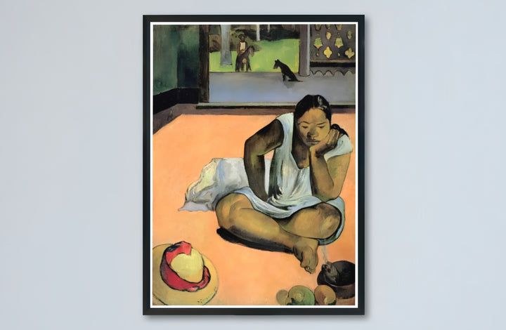 Historic French oil fine art print of Paul Gauguin Brooding Woman Te Faaturuma 1891 produced during his stay in Tahiti French Polynesia. Buy high-definition framed prints, unframed paper wall decor, and gallery canvas choices directly from MapYourDreams for artistic setups.