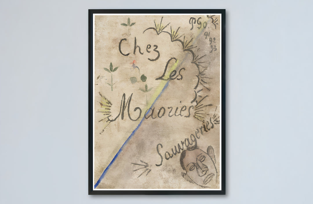 Neutral tone sketch art print of Paul Gauguin Chez Les Maories 1893 produced with vintage parchment aesthetic in Tahiti, French Polynesia. Buy high-definition framed prints, unframed paper wall decor, and gallery canvas choices directly from MapYourDreams for artistic setups.