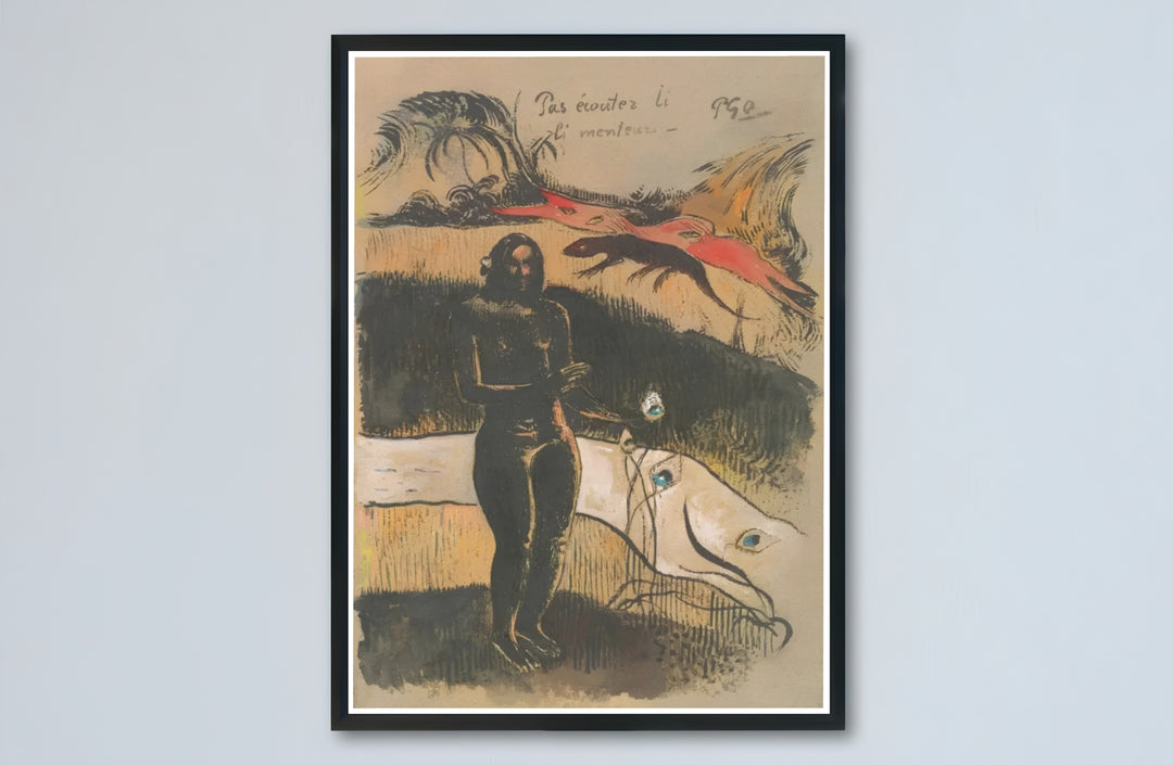 Earthy tone woodcut art print of Paul Gauguin Delightful Land Nave Nave Fenua 1894 produced with vintage paper aesthetic in Tahiti, French Polynesia. Buy high-definition framed prints, unframed paper wall decor, and gallery canvas choices directly from MapYourDreams for artistic setups.