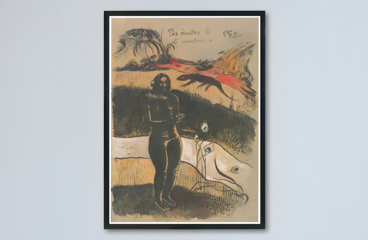 Earthy tone woodcut art print of Paul Gauguin Delightful Land Nave Nave Fenua 1894 produced with vintage paper aesthetic in Tahiti, French Polynesia. Buy high-definition framed prints, unframed paper wall decor, and gallery canvas choices directly from MapYourDreams for artistic setups.
