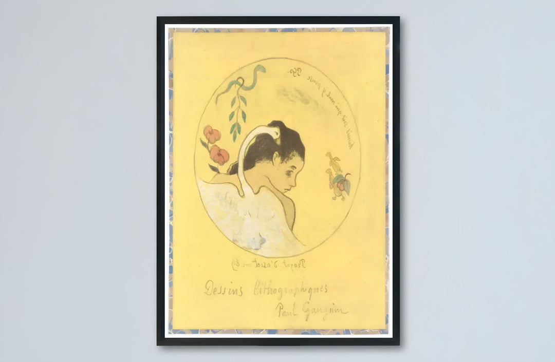 Yellow tone lithograph art print of Paul Gauguin Design For A Plate 1889 produced with vintage parchment aesthetic in Brittany, France. Buy high-definition framed prints, unframed paper wall decor, and gallery canvas choices directly from MapYourDreams for artistic setups.