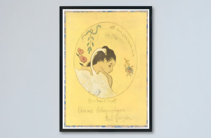 Yellow tone lithograph art print of Paul Gauguin Design For A Plate 1889 produced with vintage parchment aesthetic in Brittany, France. Buy high-definition framed prints, unframed paper wall decor, and gallery canvas choices directly from MapYourDreams for artistic setups.