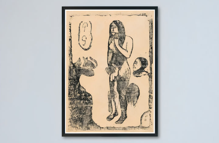 Neutral tone woodcut art print of Paul Gauguin Eve Suite Of Late Woodblocks 1898 produced with vintage paper aesthetic in Tahiti, French Polynesia. Buy high-definition framed prints, unframed paper wall decor, and gallery canvas choices directly from MapYourDreams for artistic setups.