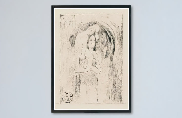 Neutral tone sketch art print of Paul Gauguin Hail Mary Ia Orana Maria 1895 produced with vintage paper aesthetic in Tahiti, French Polynesia. Buy high-definition framed prints, unframed paper wall decor, and gallery canvas choices directly from MapYourDreams for artistic setups.
