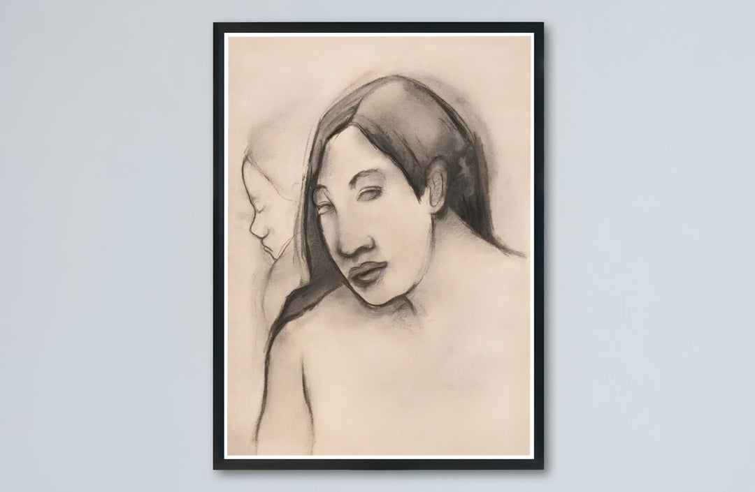 Neutral tone drawing art print of Paul Gauguin Heads Of Tahitian Women 1891 produced with vintage paper aesthetic in Tahiti, French Polynesia. Buy high-definition framed prints, unframed paper wall decor, and gallery canvas choices directly from MapYourDreams for artistic setups.