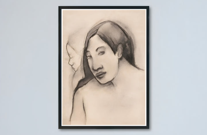 Neutral tone drawing art print of Paul Gauguin Heads Of Tahitian Women 1891 produced with vintage paper aesthetic in Tahiti, French Polynesia. Buy high-definition framed prints, unframed paper wall decor, and gallery canvas choices directly from MapYourDreams for artistic setups.