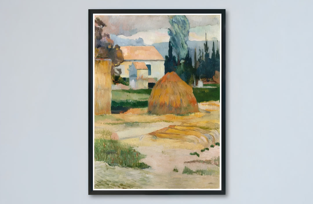 Golden harvest countryside art print of Paul Gauguin Landscape Near Arles 1888 produced with rich ochre pigments in Arles, Provence, France. Buy high-definition framed prints, unframed paper wall decor, and gallery canvas choices directly from MapYourDreams for artistic home setups.