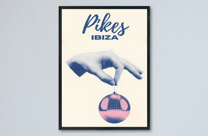 Avant-garde disco ball nightclub print featuring Pikes Hotel in San Antonio, Ibiza with minimalist cream background tones, provided by MapYourDreams as an unframed print, gallery canvas wall decor, or custom framed wall art setup for contemporary hallway walls.
