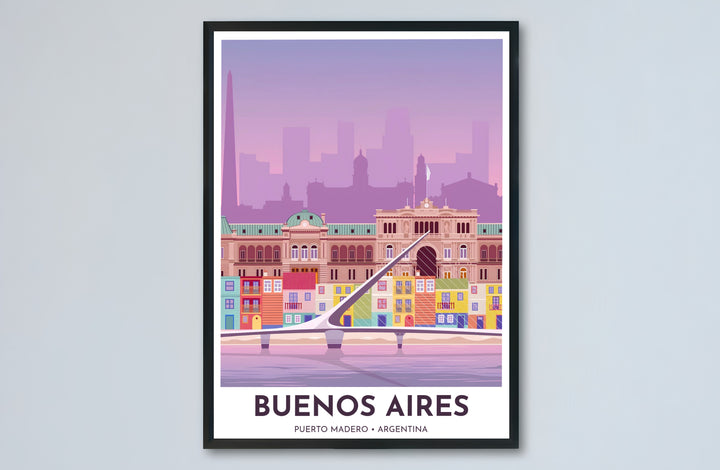 Featuring the Obelisco silhouette, historic grand buildings, and the famous bridge, this Puerto Madero wall art forms an enchanting focal point, available from MapYourDreams in versatile options ranging from unframed paper to custom wooden frames and canvas wraps.
