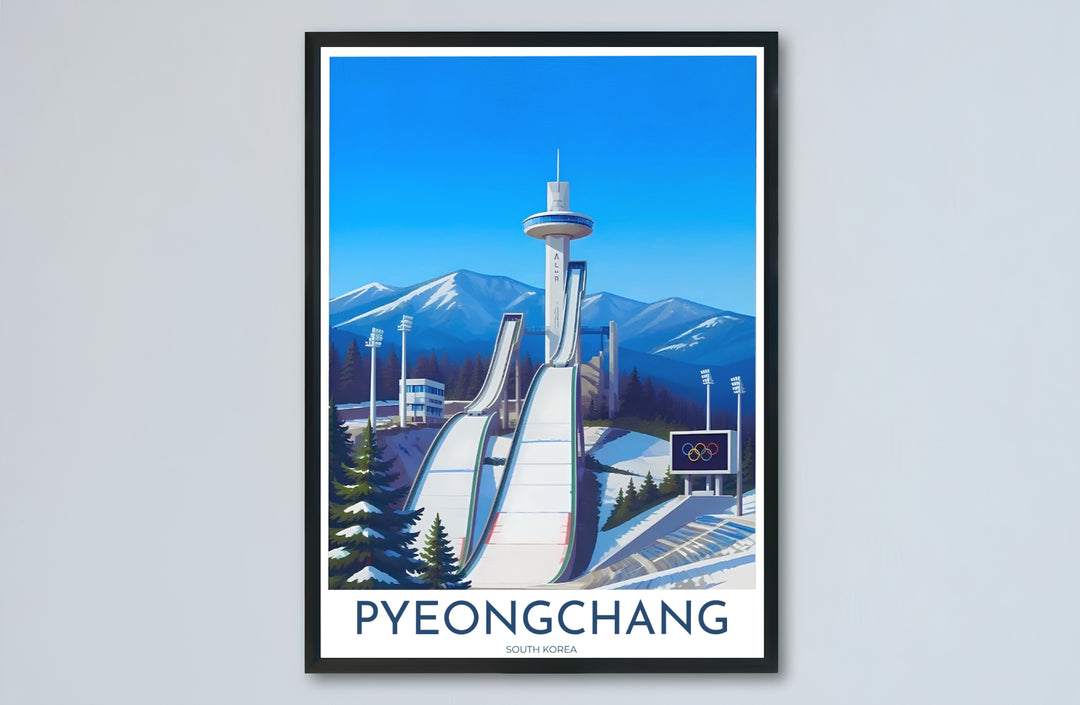 Complete alpine landscape artwork of Pyeongchang, South Korea, capturing the snowy grandeur of the Alpensia Ski Jumping Centre and Taebaek mountain range. Offered by MapYourDreams, this artwork is available in flexible options including unframed paper, custom wooden frames, and gallery canvas wraps.