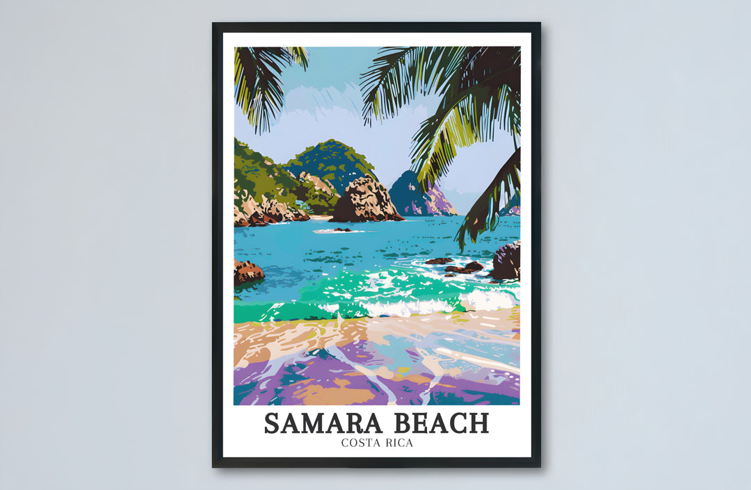 Sun-drenched tropical beach views framed by coconut palms at Samara Beach glow in this Costa Rica travel print. MapYourDreams provides stylish framed, unframed, and canvas options for decor.