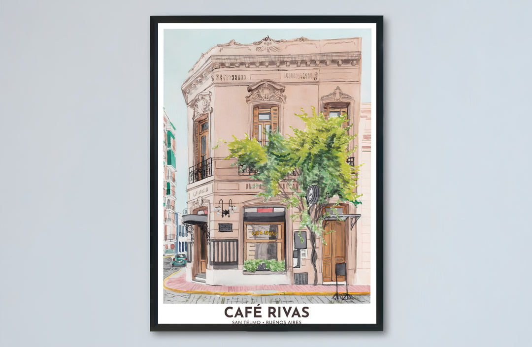 Illuminated by gentle morning sunlight, this San Telmo Cafe Rivas wall decor celebrates iconic Argentine street culture and architecture, brought to life by MapYourDreams across unframed art paper, custom wood frames, and gallery canvas wraps.