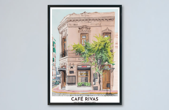 Illuminated by gentle morning sunlight, this San Telmo Cafe Rivas wall decor celebrates iconic Argentine street culture and architecture, brought to life by MapYourDreams across unframed art paper, custom wood frames, and gallery canvas wraps.