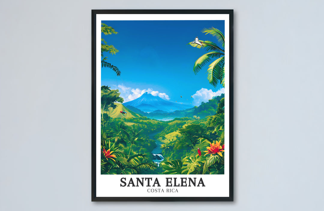 Sunlit rainforest canopy, aerial cable car lines, and distant cloud-draped Arenal Volcano in Santa Elena glow in this travel print. MapYourDreams provides stylish framed, unframed, and canvas options for decor.
