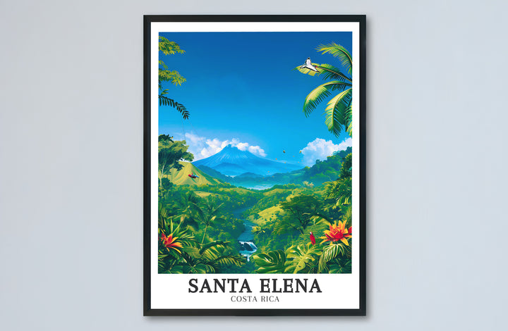 Sunlit rainforest canopy, aerial cable car lines, and distant cloud-draped Arenal Volcano in Santa Elena glow in this travel print. MapYourDreams provides stylish framed, unframed, and canvas options for decor.