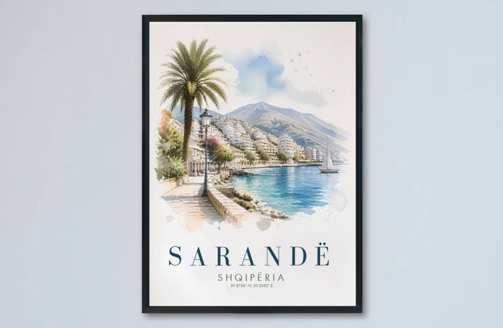 Cerulean highlights and serene blue pigments meet along the historic palm promenade of Sarandë in this balanced watercolor artwork. MapYourDreams makes this available in unframed paper, custom wooden frames, and stretched canvas options.