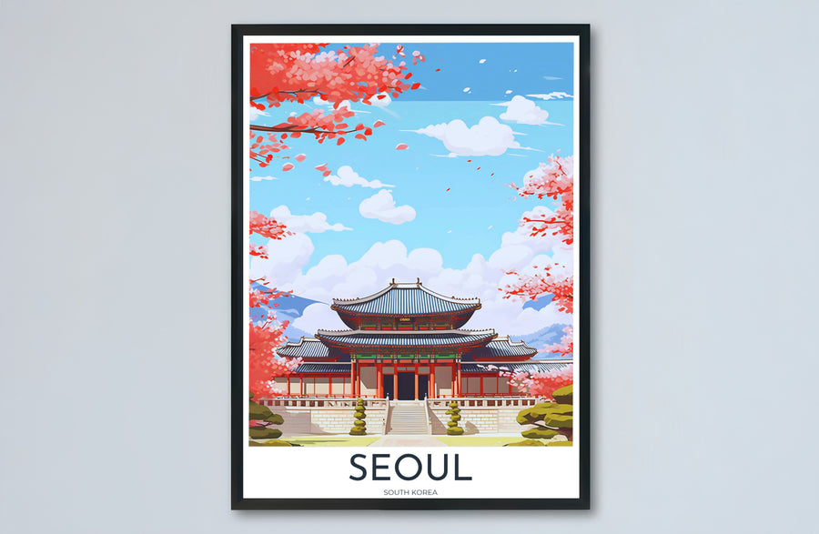 Complete spring landscape artwork of Gyeongbokgung Palace in Seoul, South Korea, capturing the harmony of royal Joseon architecture, mountain backdrops, and pink cherry blossoms. Offered by MapYourDreams, this artwork is available in flexible options including unframed paper, custom wooden frames, and gallery canvas wraps.
