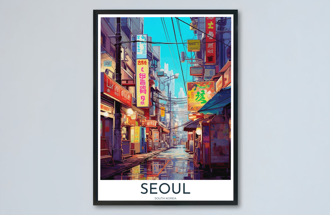 Complete anime scenery artwork of a night alley in Seoul, South Korea, capturing the electric harmony of glowing neon signage, wet reflective streets, and serene evening skies. Offered by MapYourDreams, this artwork is available in flexible options including unframed paper, custom wooden frames, and gallery canvas wraps.