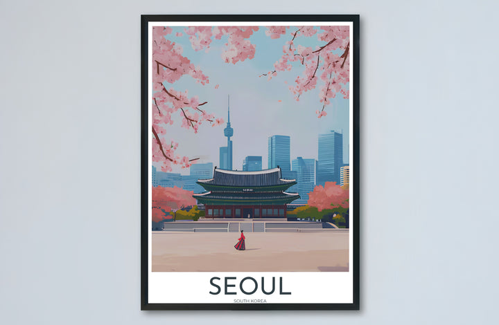Complete spring landscape artwork of Gyeongbokgung Palace in Seoul, South Korea, capturing the harmony of royal Joseon architecture, traditional Hanbok dress, and modern skyline landmarks. Offered by MapYourDreams, this artwork is available in flexible options including unframed paper, custom wooden frames, and gallery canvas wraps.