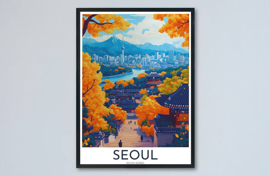 Complete fall landscape artwork of Seoul, South Korea, capturing the harmonious blend of historic Hanok village alleys, brilliant yellow ginkgo leaves, N Seoul Tower, and distant mountains. Offered by MapYourDreams, this artwork is available in flexible options including unframed paper, custom wooden frames, and gallery canvas wraps.