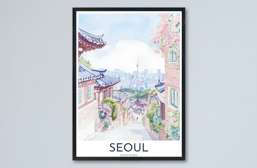 Complete pastel landscape artwork of Seoul, South Korea, capturing the harmonious blend of historic Hanok village alleys, blooming pink cherry blossoms, N Seoul Tower, and soft blue skies. Offered by MapYourDreams, this artwork is available in flexible options including unframed paper, custom wooden frames, and gallery canvas wraps.