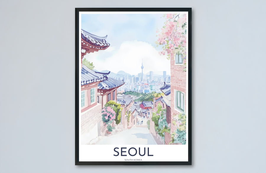 Complete pastel landscape artwork of Seoul, South Korea, capturing the harmonious blend of historic Hanok village alleys, blooming pink cherry blossoms, N Seoul Tower, and soft blue skies. Offered by MapYourDreams, this artwork is available in flexible options including unframed paper, custom wooden frames, and gallery canvas wraps.