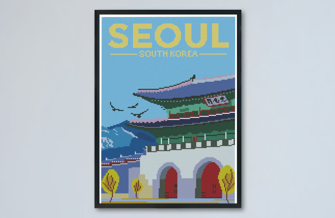 Complete cross-stitch aesthetic poster of Seoul, South Korea, capturing Gwanghwamun Gate at Gyeongbokgung Palace with arched entrance doors, green pavilions, and birds soaring overhead. Offered by MapYourDreams, this artwork is available in flexible options including unframed paper, custom wooden frames, and gallery canvas wraps.